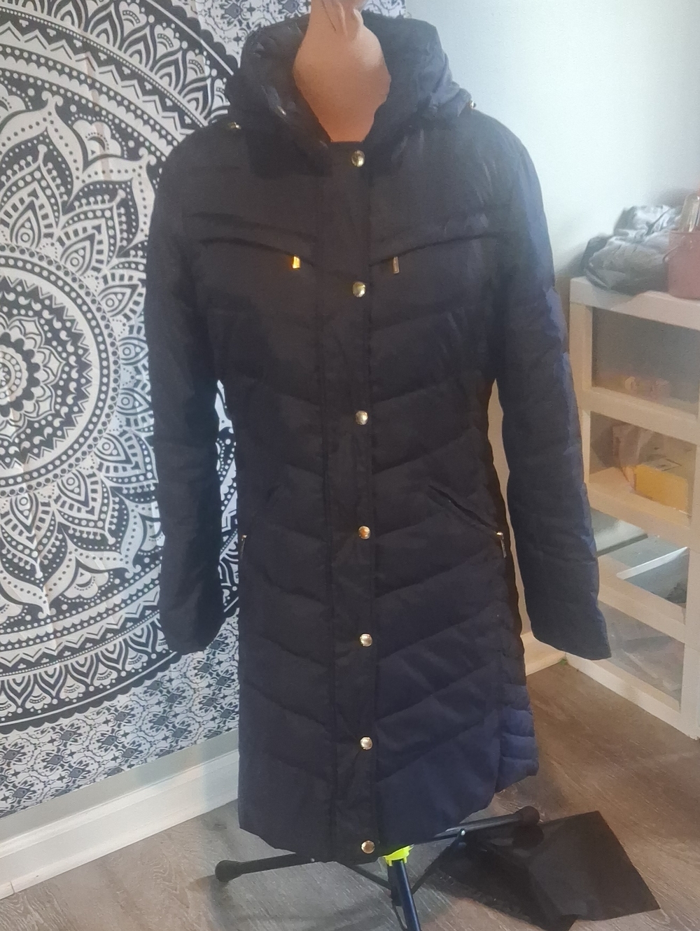 Michael Kors Navy Long Hooded Quilted Puffer Coat